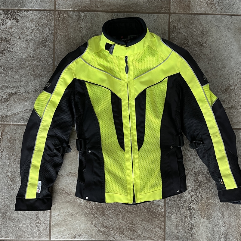 OLYMPIA Moto Sports Women's 3 Layer Motorcycle Jacket W/Armor, Size Medium. Black/Yellow