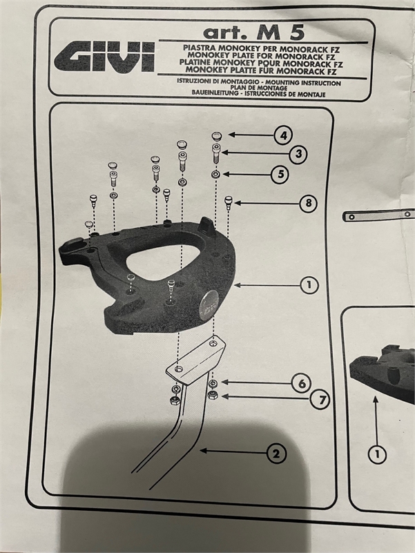 GIVI M5 MONOKEY PLATE AND HARDWARE, MISSING SIDE ARM ITEM #2.  NEW OPEN BOX,